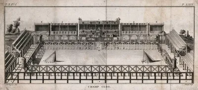 A tilt-yard with tiered stands, designed according to the specification of Philip the Fair in 1306