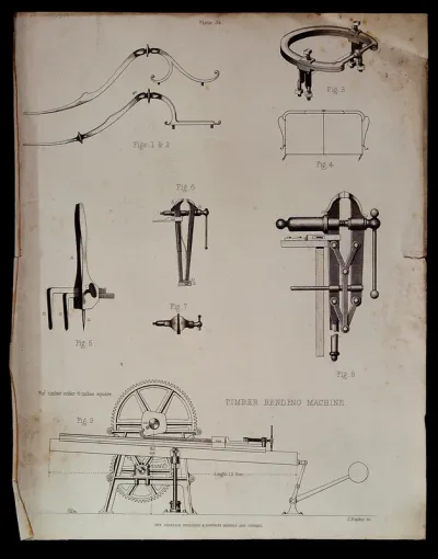 A timber bending machine (below), various pincers, vices, and bits [?] (above)