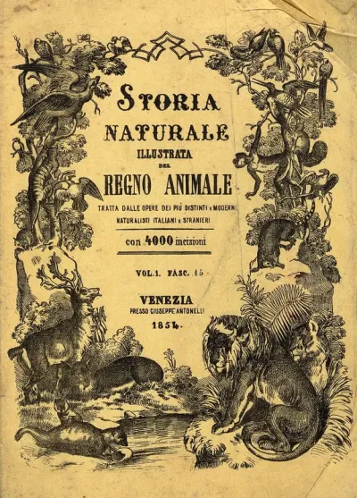 A title-vignette consisiting of various animals, including monkeys, vultures, a lion and an otter forming an ornamental flourished arch over a stream