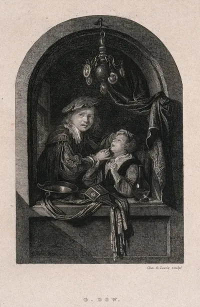 A tooth-drawer examining the tooth of a child