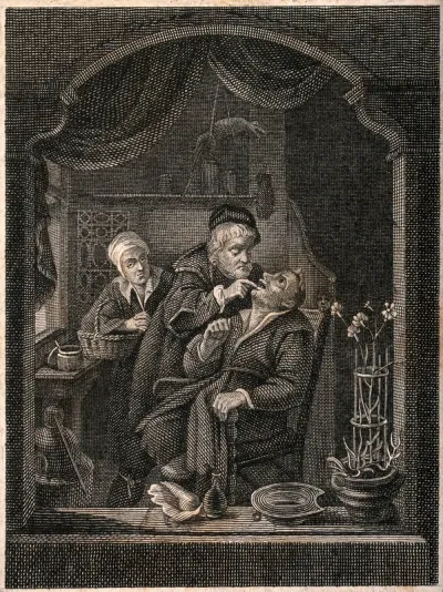 A tooth-drawer extracting a tooth from a patient, his concerned wife hovers in the background