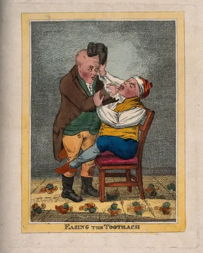 A tooth-drawer extracting a tooth from a patient who is in such pain that he pulls the tooth-drawer's wig off