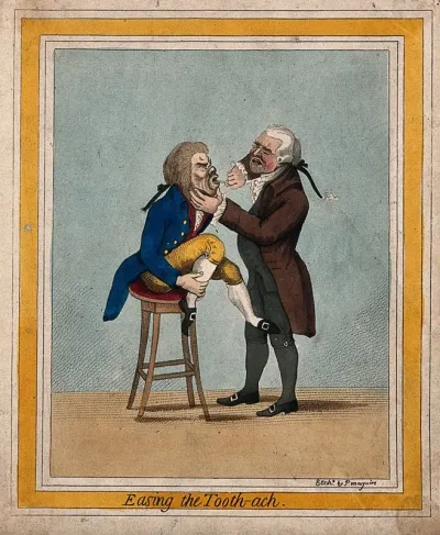 A tooth-drawer extracting a tooth from a patient who is seated on a stool