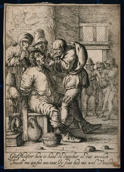 A tooth-drawer extracting a tooth from a patient who is strapped to a chair in a dilapidated room, his worried wife looks on