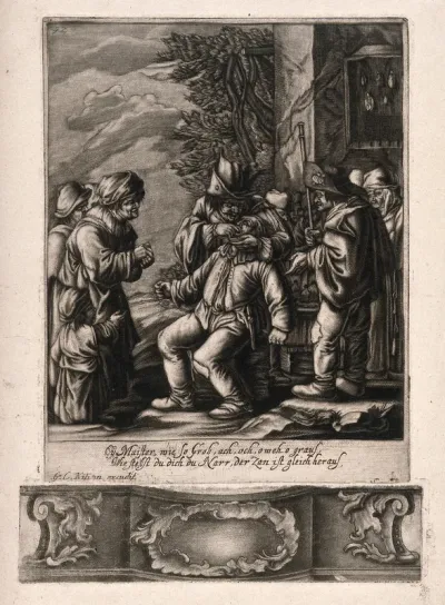 A tooth-drawer extracting a tooth from a seated patient surrounded by a crowd of people