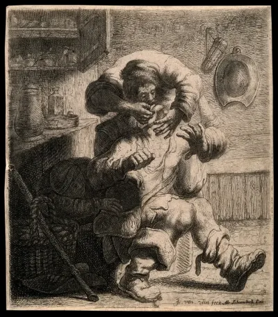 A tooth-drawer extracting a tooth from a seated patient while a woman steals from his bag