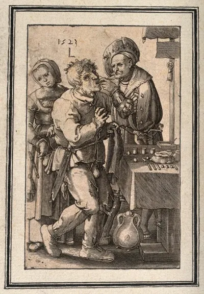 A tooth-drawer extracting a tooth from a standing patient, who is being pick-pocketed by a woman