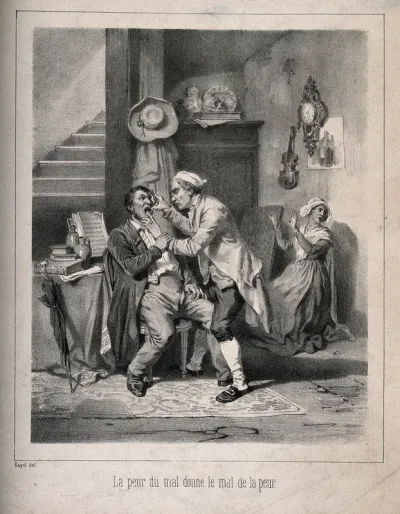 A tooth-drawer extracting a tooth from an agonized patient