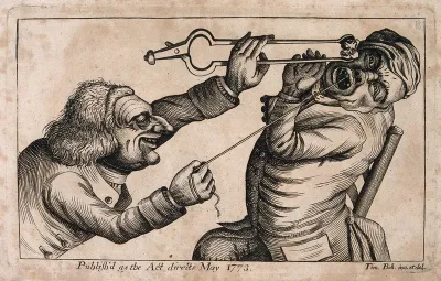 A tooth-drawer frightening his patient with a hot coal in order to be able to extract a tooth more easily