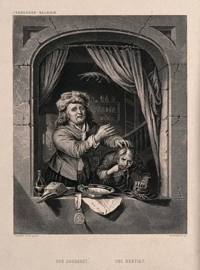 A tooth-drawer holding up a tooth after extracting it from a patient, who is spitting blood out of the window
