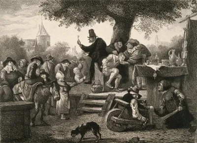 A tooth-drawer holding up a tooth he has just extracted on stage to try and sell his skills; his two companions are treating a sick man