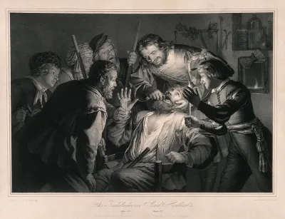 A tooth-drawer in his practice extracting a tooth from a seated patient who is surrounded by friends and family holding candles