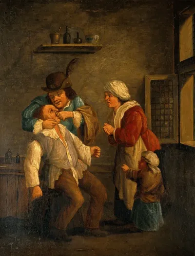 A tooth-drawer operating on a man, with a woman and child looking on