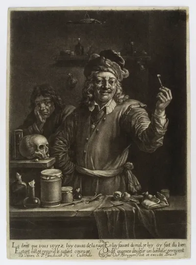A tooth-drawer proudly holding up a tooth he has just extracted, the patient holding his face in the background