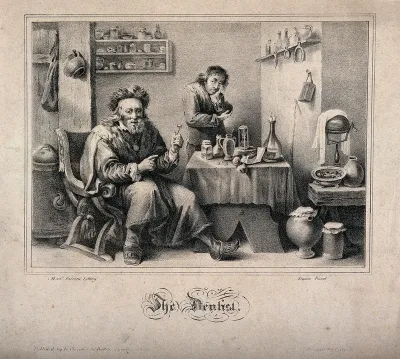 A tooth-drawer proudly holding up a tooth he has just extracted, the patient holding his face sulks in the background