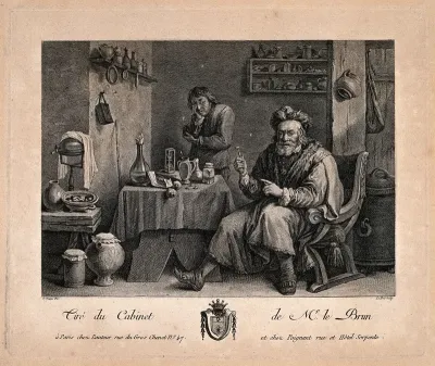 A tooth-drawer proudly holding up a tooth he has just extracted, the patient holding his jaw in the background