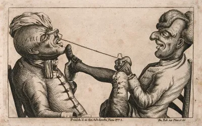 A tooth-drawer using a cord to extract a tooth from an agonized patient