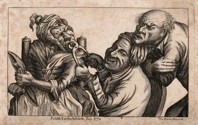 A tooth-drawer using pincers to extract a tooth from an old woman, her husband agonizingly observes the situation