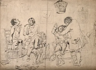 A tooth-drawer with 'lightness of hand' extracting a tooth from a protesting patient, amidst the chaos of his practice