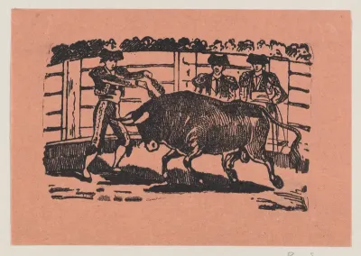 A torero placing banderillas into the bull's shoulders while two men stand behind the bull