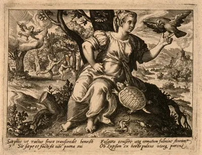 A tortoise climbs up a female figure as she reaches out to a bird; in the background Adam and Eve are chased from Eden by the archangel Michael with his sword; representing the sense of touch