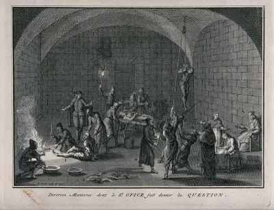 A torture chamber of the Spanish Inquisition with suspected heretics having their feet burned or being suspended with a rope from a pulley while scribes note down confessions