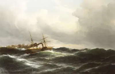 A transatlantic paddle steamer in a heavy swell.