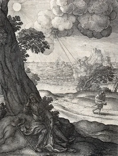 A traveller is sitting in the shade of a tree with his cloak off and he is shown in the background buffetted by the wind, wrapping his cloak around him