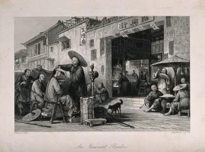 A travelling barber dressing hair in a street