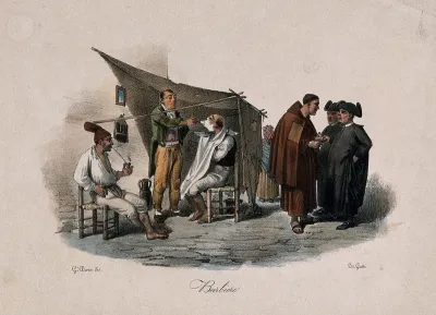 A travelling barber shaving a man in a makeshift tent; on the right three members of the clergy are talking; on the left a seated man is smoking a pipe