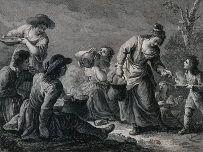 A travelling gypsy family enjoying a rest and a meal of soup, bread and wine