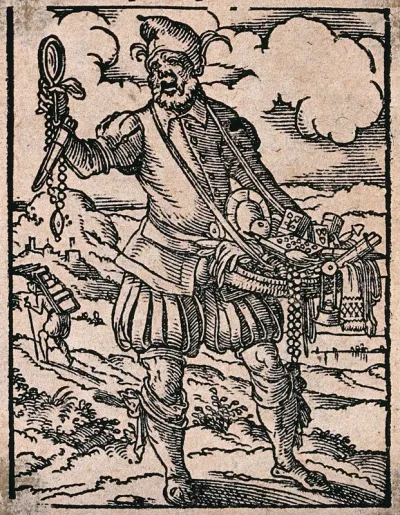 A travelling peddler with a tray of goods crying up his wares while on the road