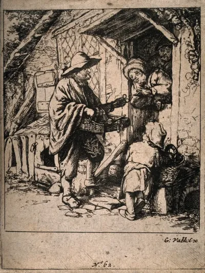 A travelling spectacle pedlar showing his wares to an old lady