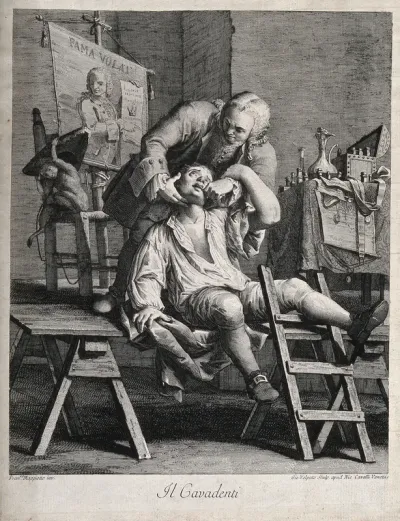 A travelling tooth-drawer extracting a tooth from an anxious patient