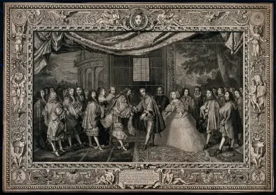 A treaty between Louis XIV of France (left, attended by Cardinal Mazarin), and Philip IV of Spain