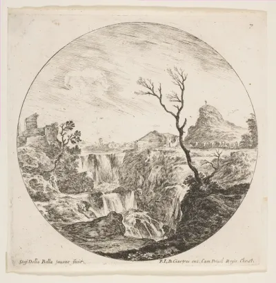A triple waterfall, a dead tree at right, a mountain and a herd of cows in the background at right, plate 7 from "Roman landscapes and ruins" (Paysages et ruines de Rome)