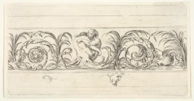 A triton and a siren fighting at center, their legs as scrollwork, a swan to right, the grotesque head of an old man below, plate 6 from "Friezes, foliage, and grotesques" (Frises, feuillages et grotesques)