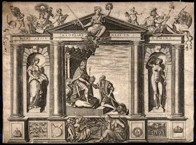 A triumphal arch decorated with Papal, Christian, Imperial and Habsburgian emblems: in the centre Philip II of Spain, surrounded by emblems of peace, justice and plenty, receives the crown from his father, Charles V; representing the good and Christi