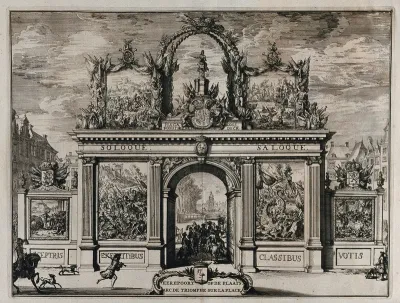 A triumphal arch in the Hague in honour of King William III, containing paintings of his deeds