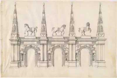 A Triumphal Arch with Caparisoned Horses and Ornamented Pinnacles