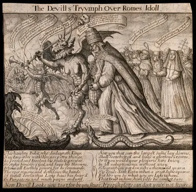 A triumphal procession: the devil leads the Pope as his captive towards hell