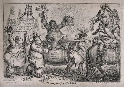 A triumphant American slave woman representing quassia (ingredient in acoholic drinks) is carried aloft by two brewers; representing the outcry against a tax on private brewing (?)