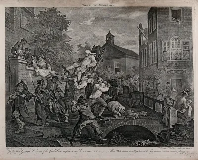 A triumphant candidate, borne aloft by his supporters, is about to topple from his chair due to an obstructing donkey, the disturbance of a fight and a frightened family of swine dashing underneath