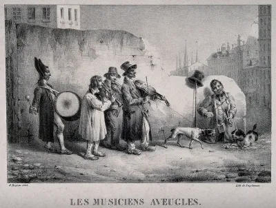 A troupe of blind musicians and their dogs confronting a rival street musician and his dog