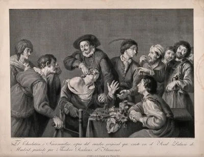 A troupe of travelling performers including a toothdrawer