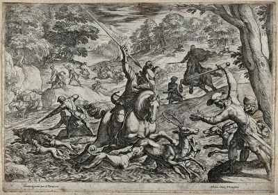 A tumultuous hunting scene in which a stag is hunted into the river and speared, and a wild boar is shot while trying to escape from the hounds