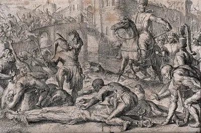 A Turkish army taking a town fortification mutilating, flaying and disembowelling their enemies behind the lines