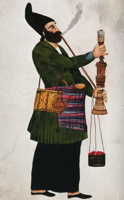 A Turkish man (?) smoking a hookah
