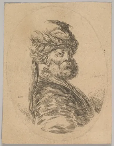 A Turkish man with a beard and turban with one long feather in front, turned three-quarters to the right, from "Several heads in the Persian style" (Plusieurs têtes coiffées à la persienne)