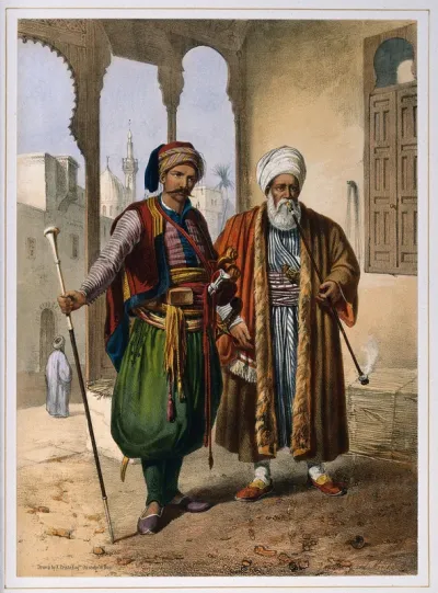 A Turkish soldier and merchant standing outdoors to smoke